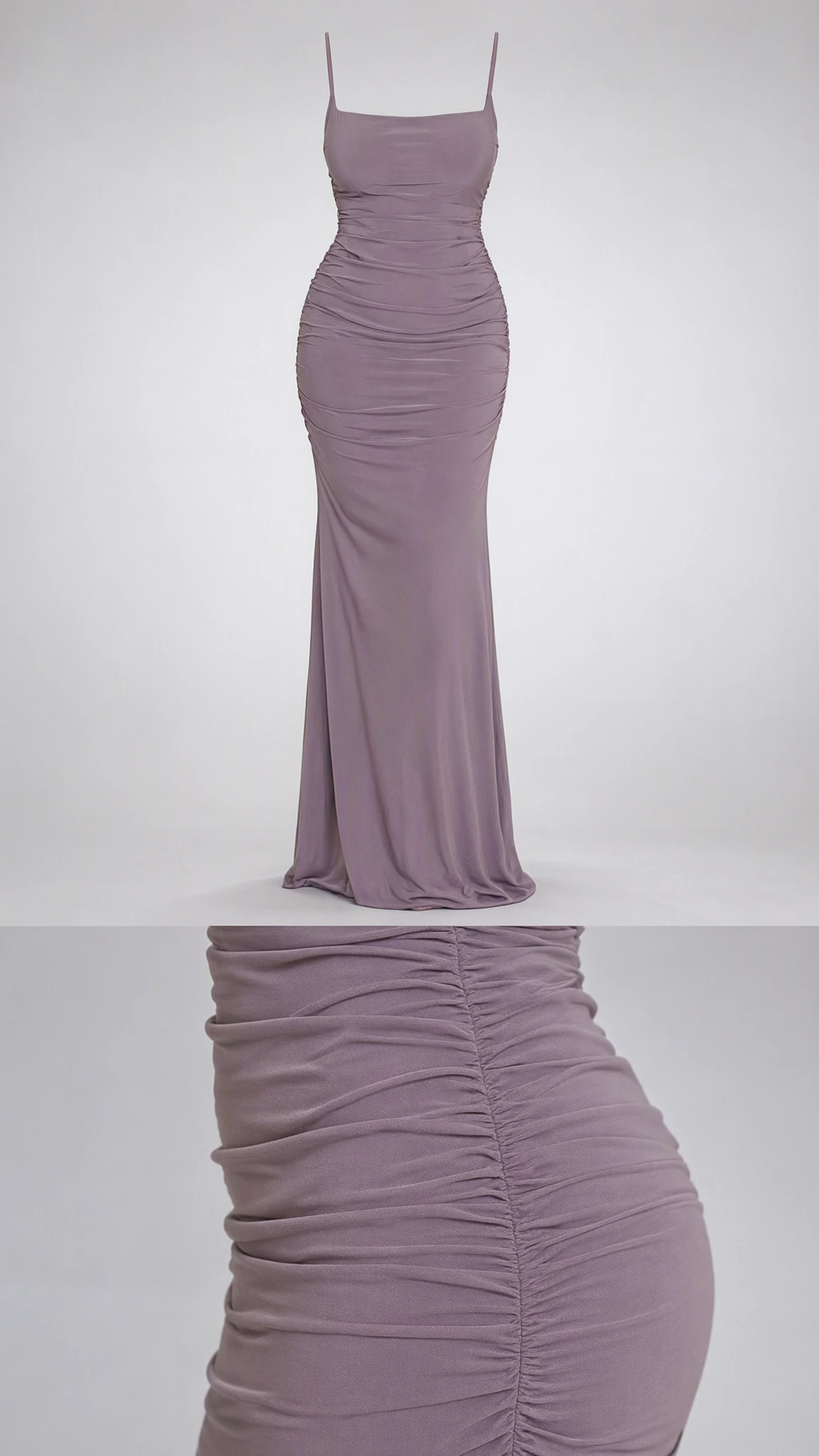 Mannequin display and close-up detail of side ruching on dusty mauve maxi dress