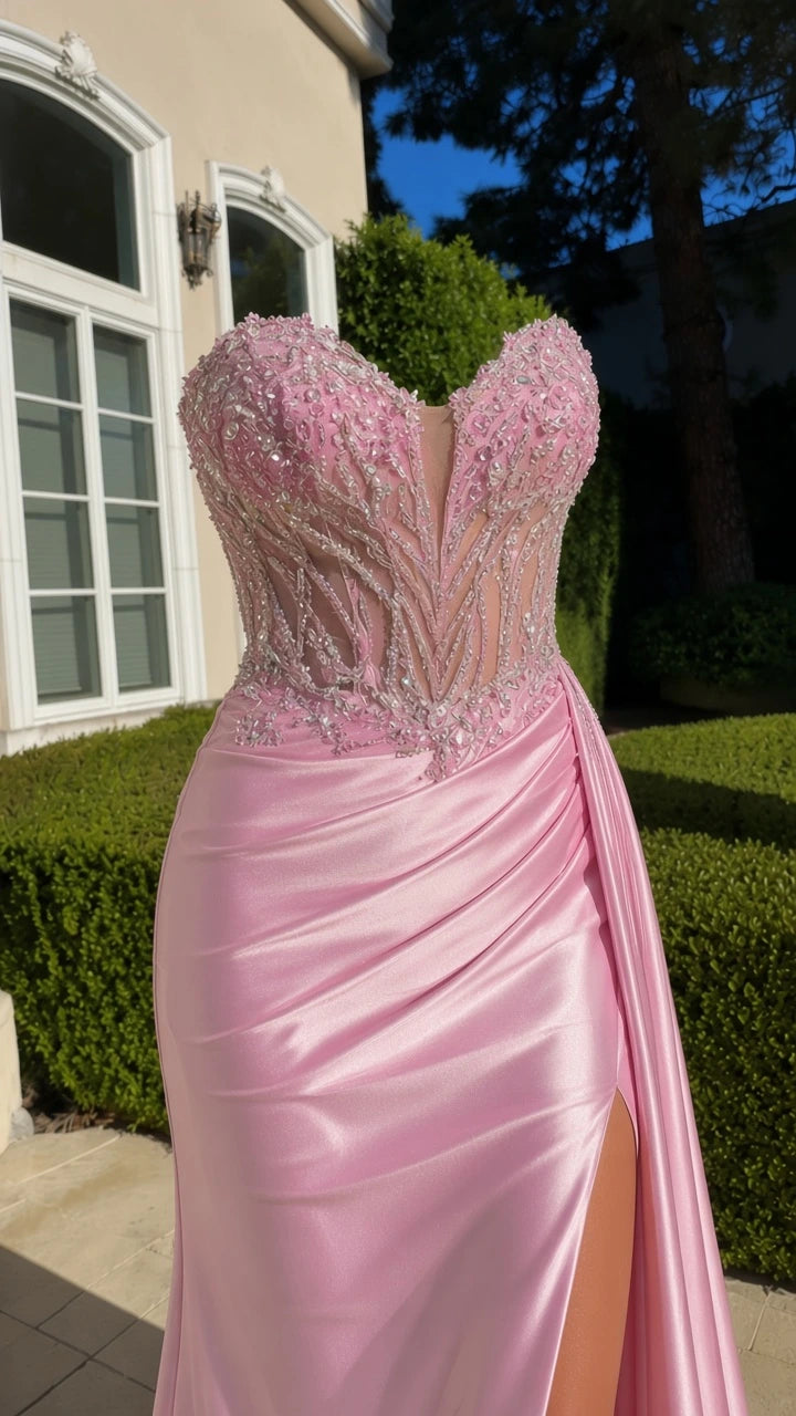 Close-up detail of sheer plunge sweetheart neckline and intricate crystal beadwork on pink corset