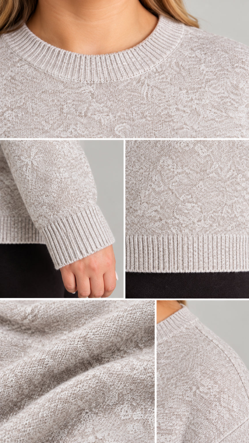 Detailed close-up collage of the knit neckline, cuff, hem, and textured fabric