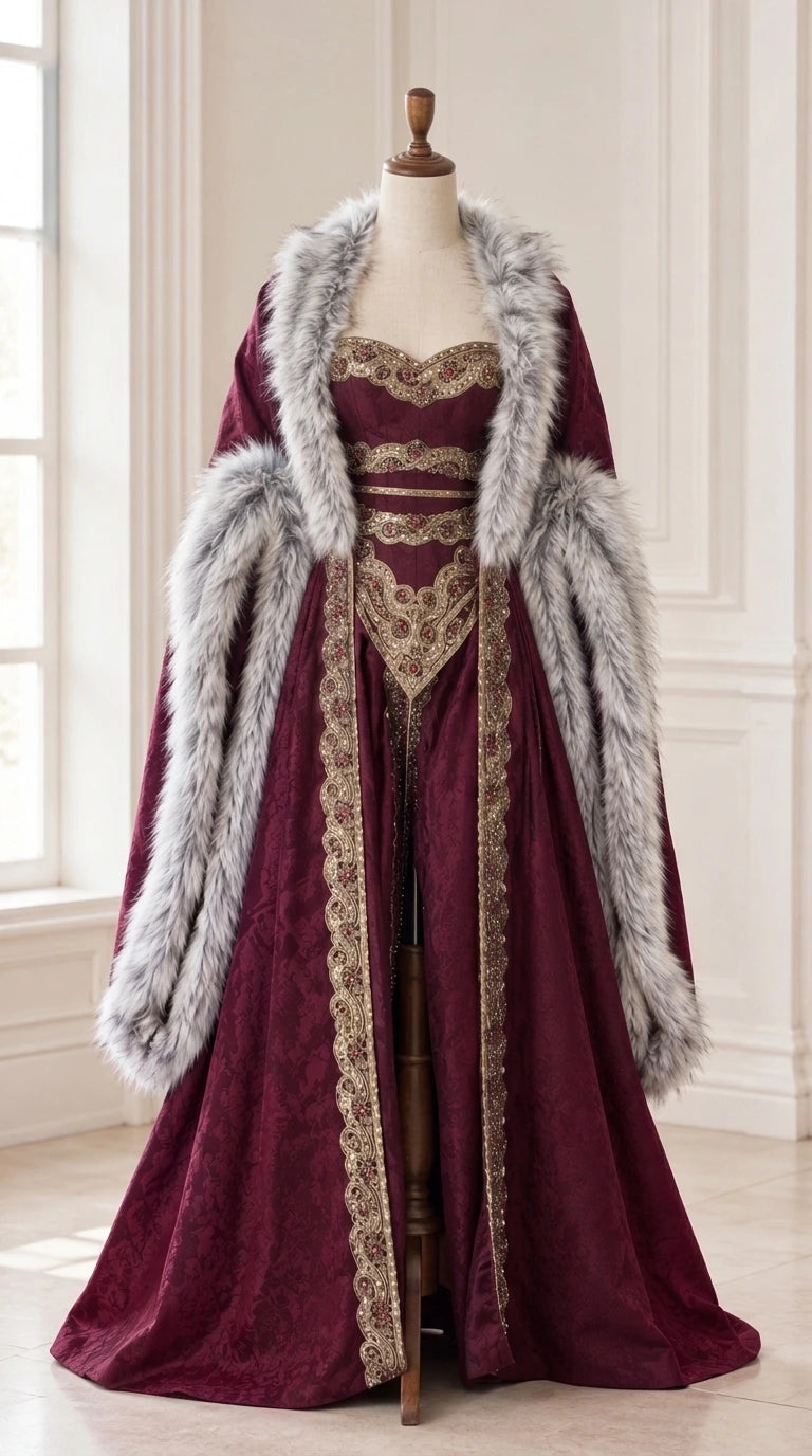 Mannequin display of burgundy Renaissance gown with gold bodice detailing and faux fur trim