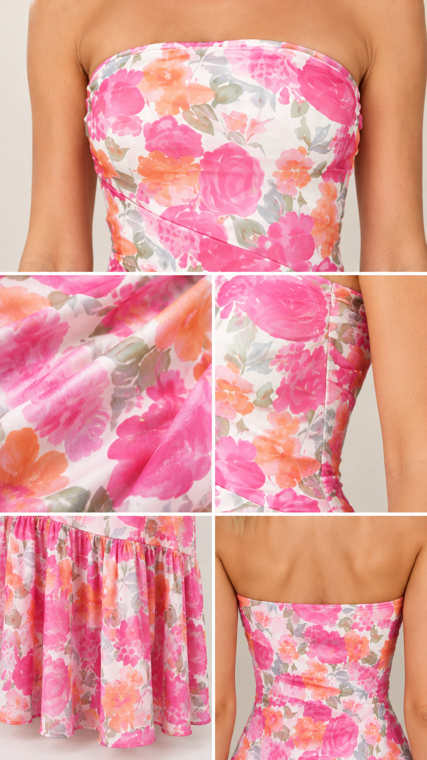 Close-up details of strapless bodice, floral print fabric, and gathered tiered hem