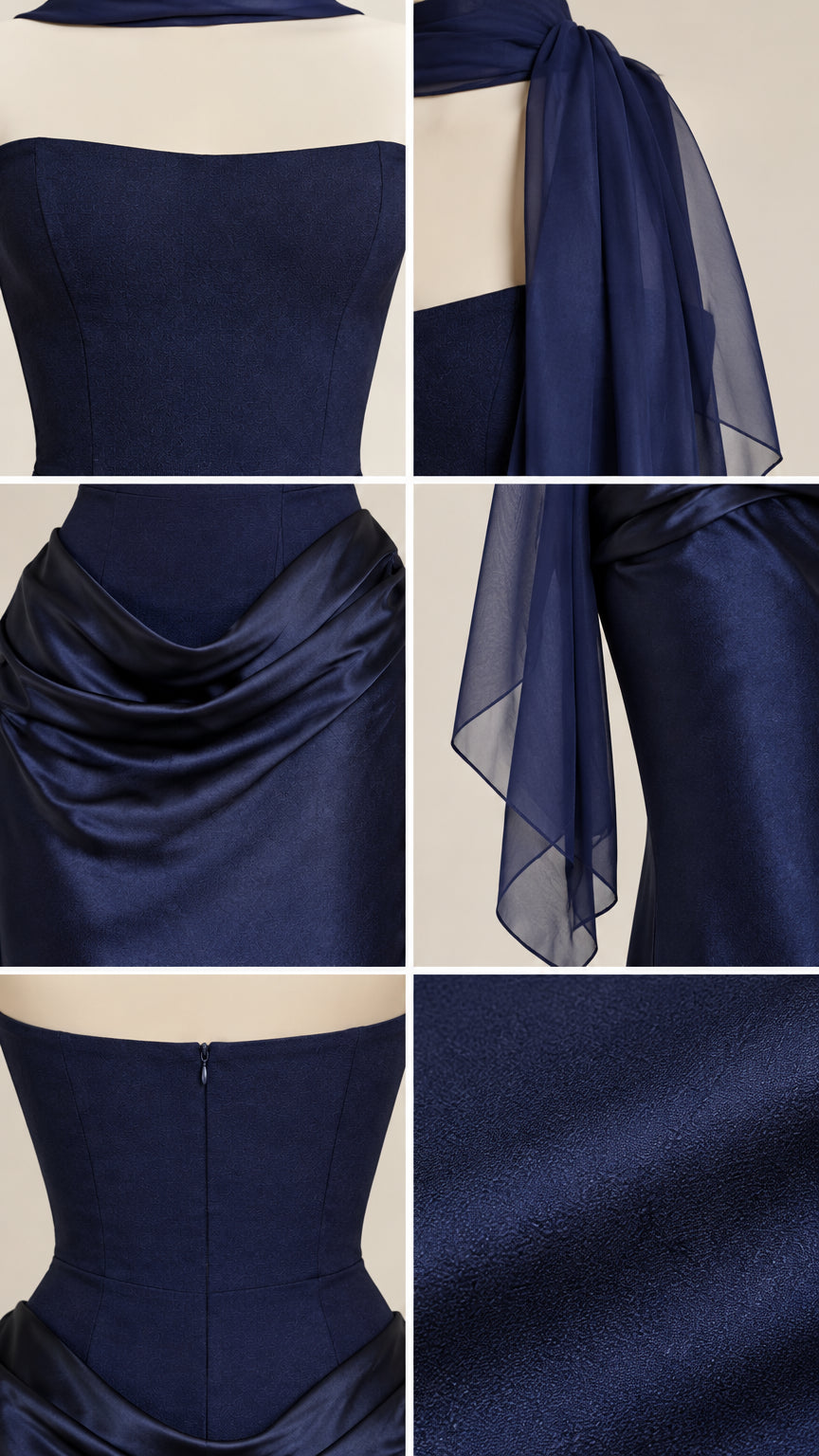 Close-up details of bodice neckline, draped cowl waist, back zipper, and satin fabric