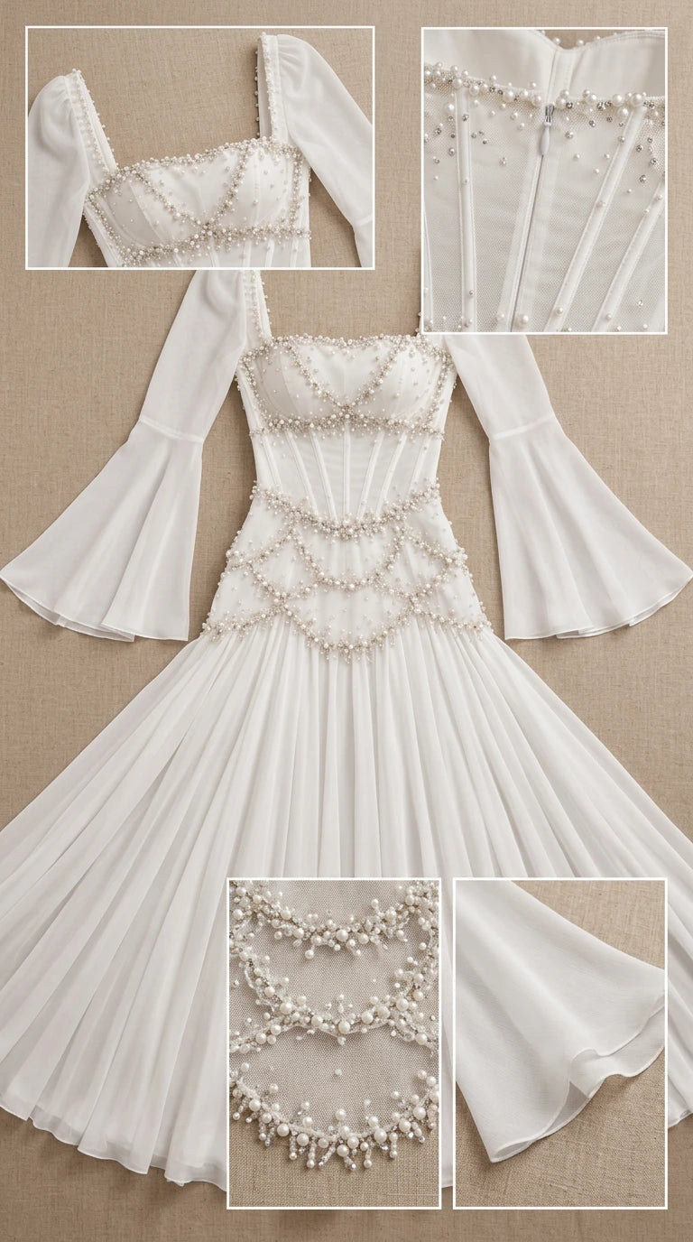 Flat lay detail view showing pearl embellishments, corset boning, and bell sleeve cuffs