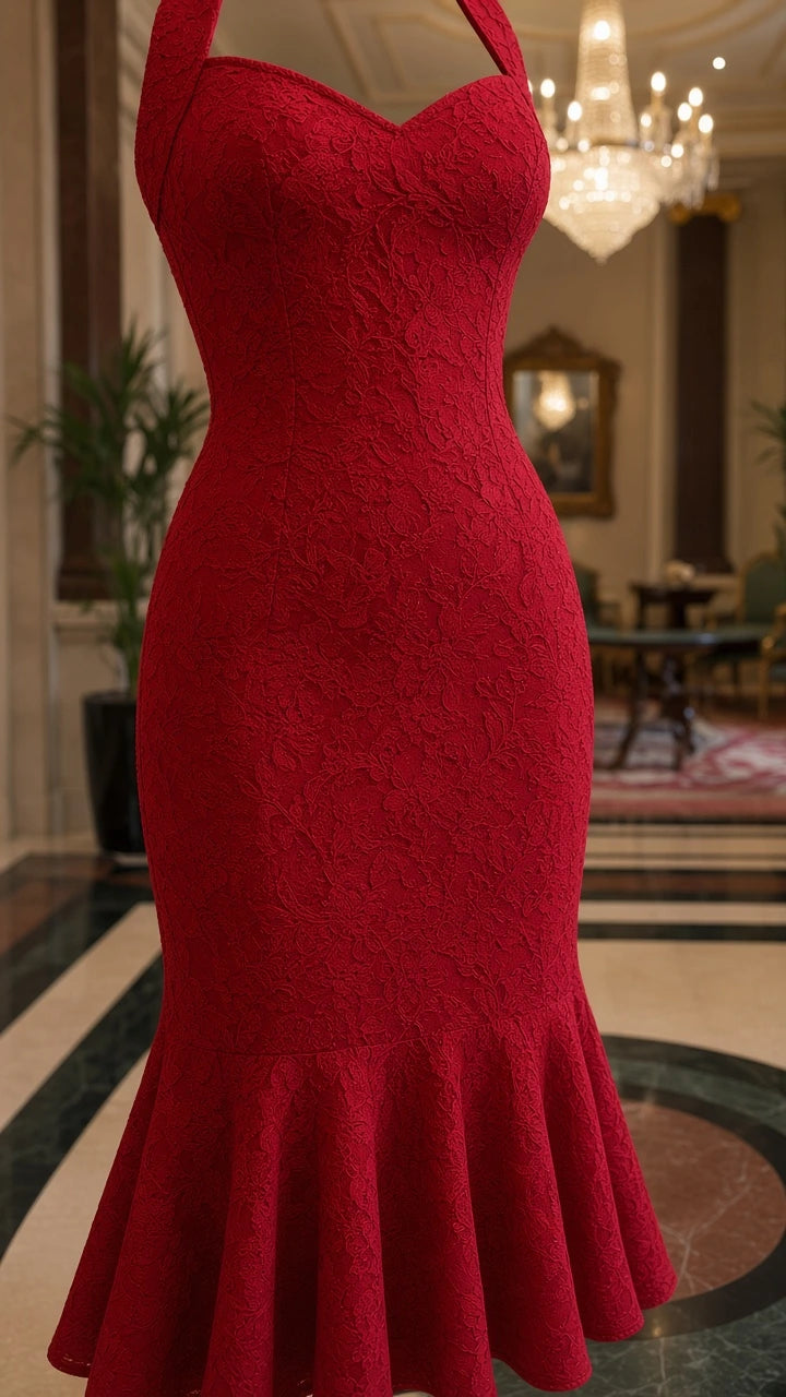 Close-up detail of sweetheart neckline and textured fabric on red mermaid dress