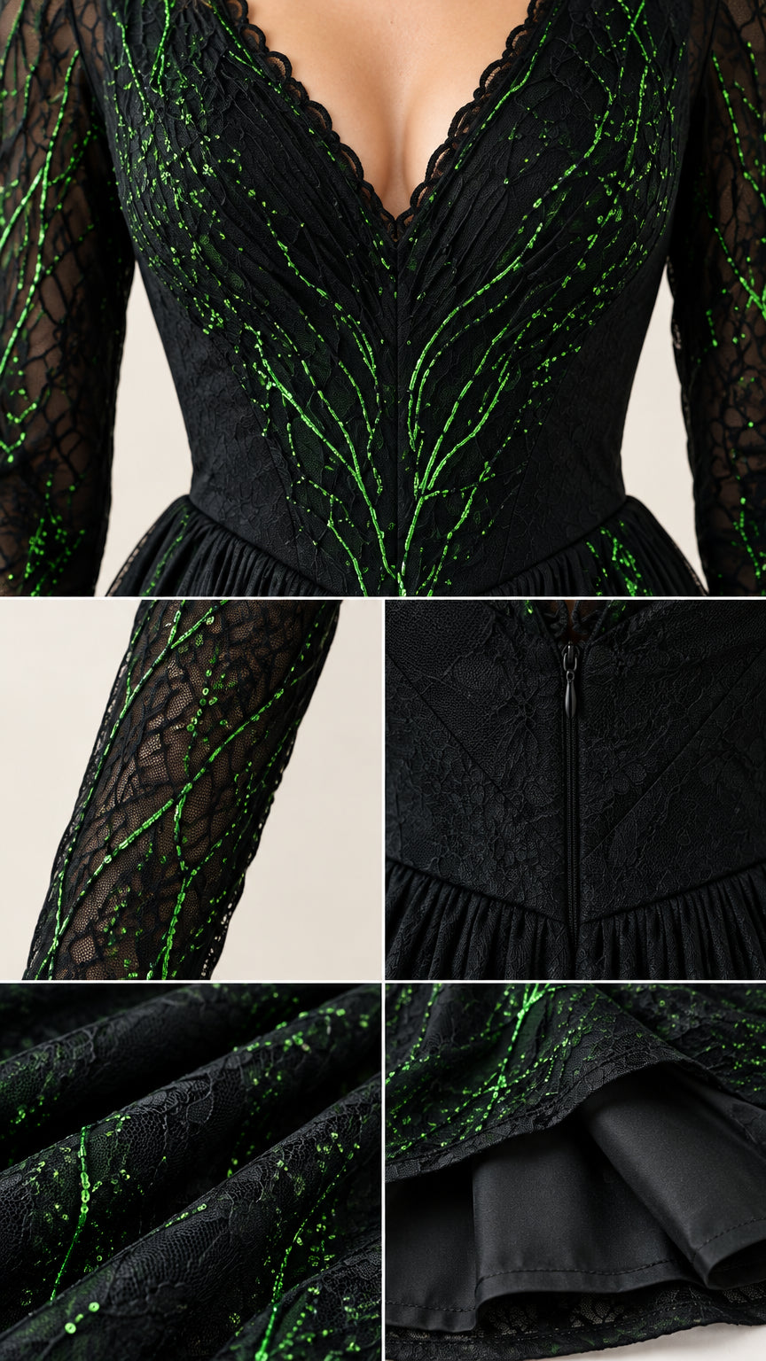Close-up detail shots showing glitter branch embroidery, sheer lace sleeves, and rear zipper closure
