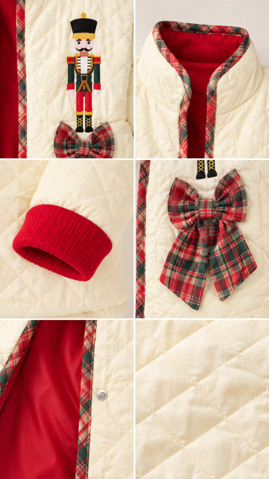 Close-up details of nutcracker embroidery, plaid ribbon bow, collar trim, and snap closure