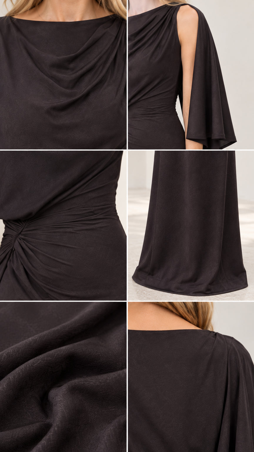 Close-up details of draped cowl neckline, cape sleeve, ruched waist, and fabric texture on black dress