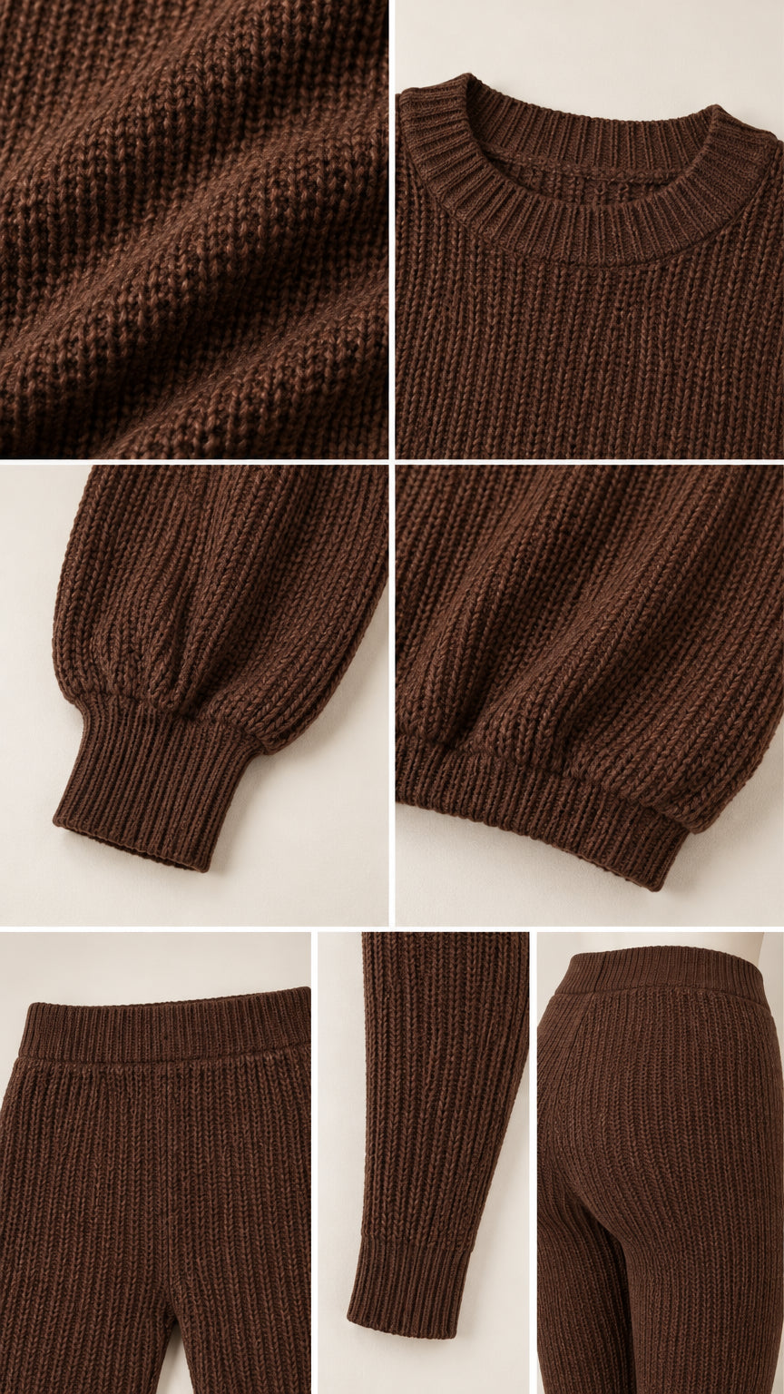 Detailed close-up collage of brown ribbed knit sweater fabric, neckline, cuffs, and hem