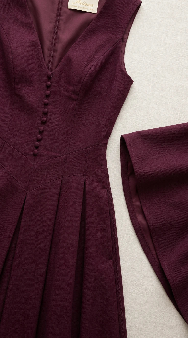 Close-up detail of burgundy bodice showing deep V-neck, covered buttons, and waist pleats