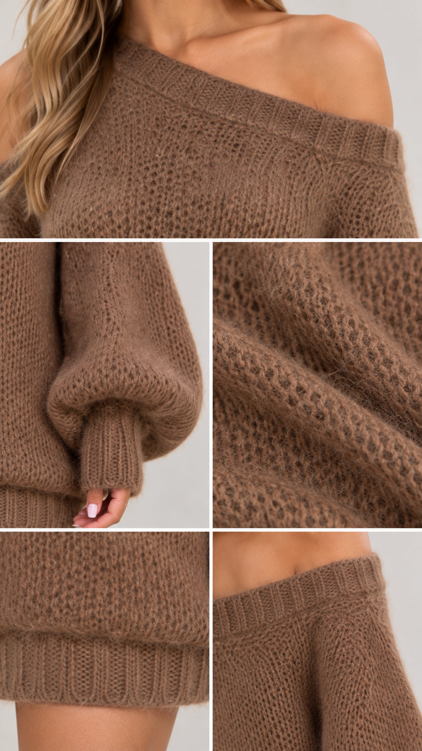 Close-up details of asymmetric neckline, ribbed cuff balloon sleeve, fuzzy knit texture, and bottom hem