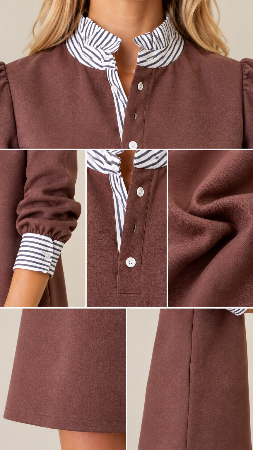 Close-up details of striped ruffle collar, button placket, striped sleeve cuff, and hemline texture