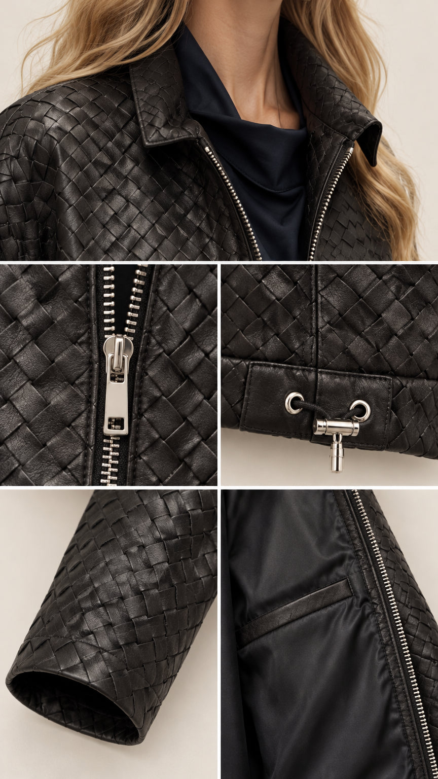 Detailed close-up collage showing collar, silver zipper pull, hem toggle adjuster, cuff, and inner pocket lining