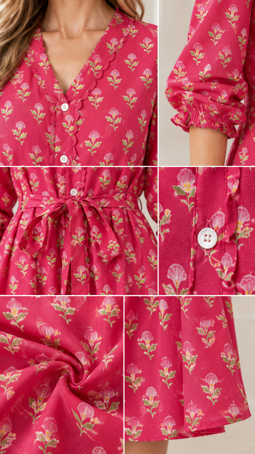 Close-up details of scalloped V-neckline, sleeve cuffs, button closure, and tie waist