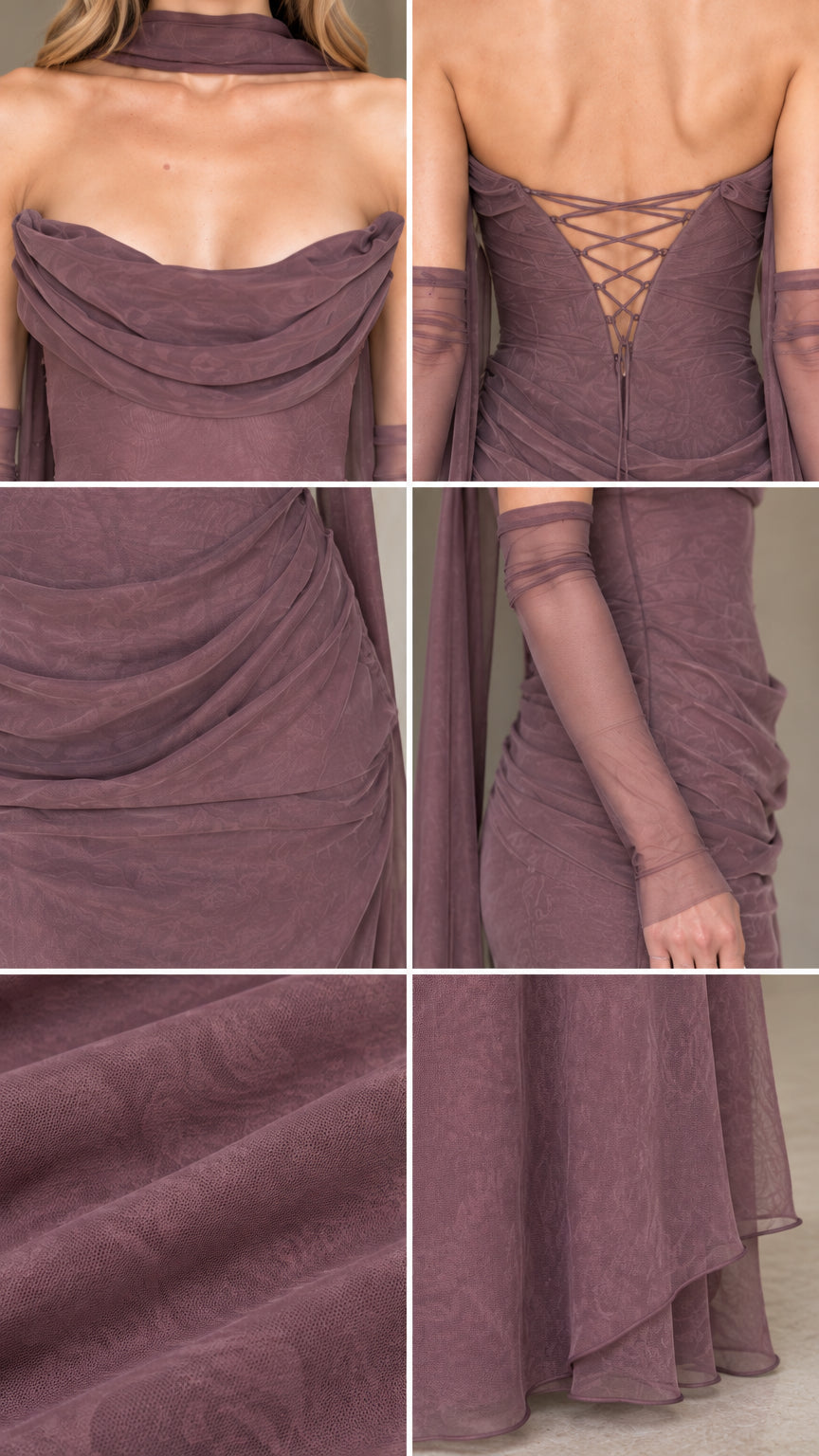Detailed close-up composite showing the draped cowl neckline, corset back, ruched side fabric, and sheer gloves