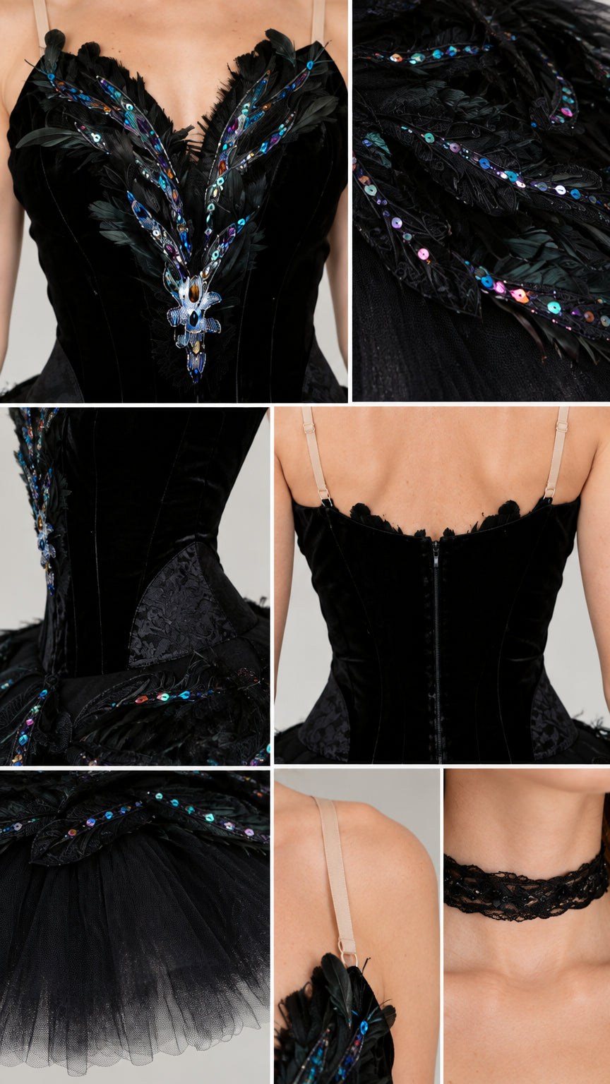 Detailed collage showing sequin appliques, velvet corset, back zipper, and lace choker