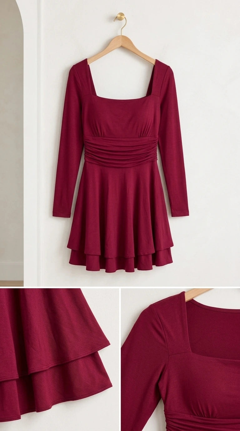Burgundy ruched skater mini dress flat lay and texture details