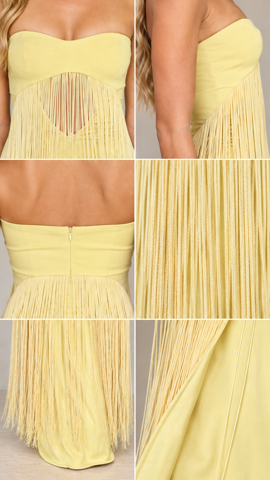 Close-up detail shots showing yellow sweetheart bodice, cutout, back zipper, and fringe texture