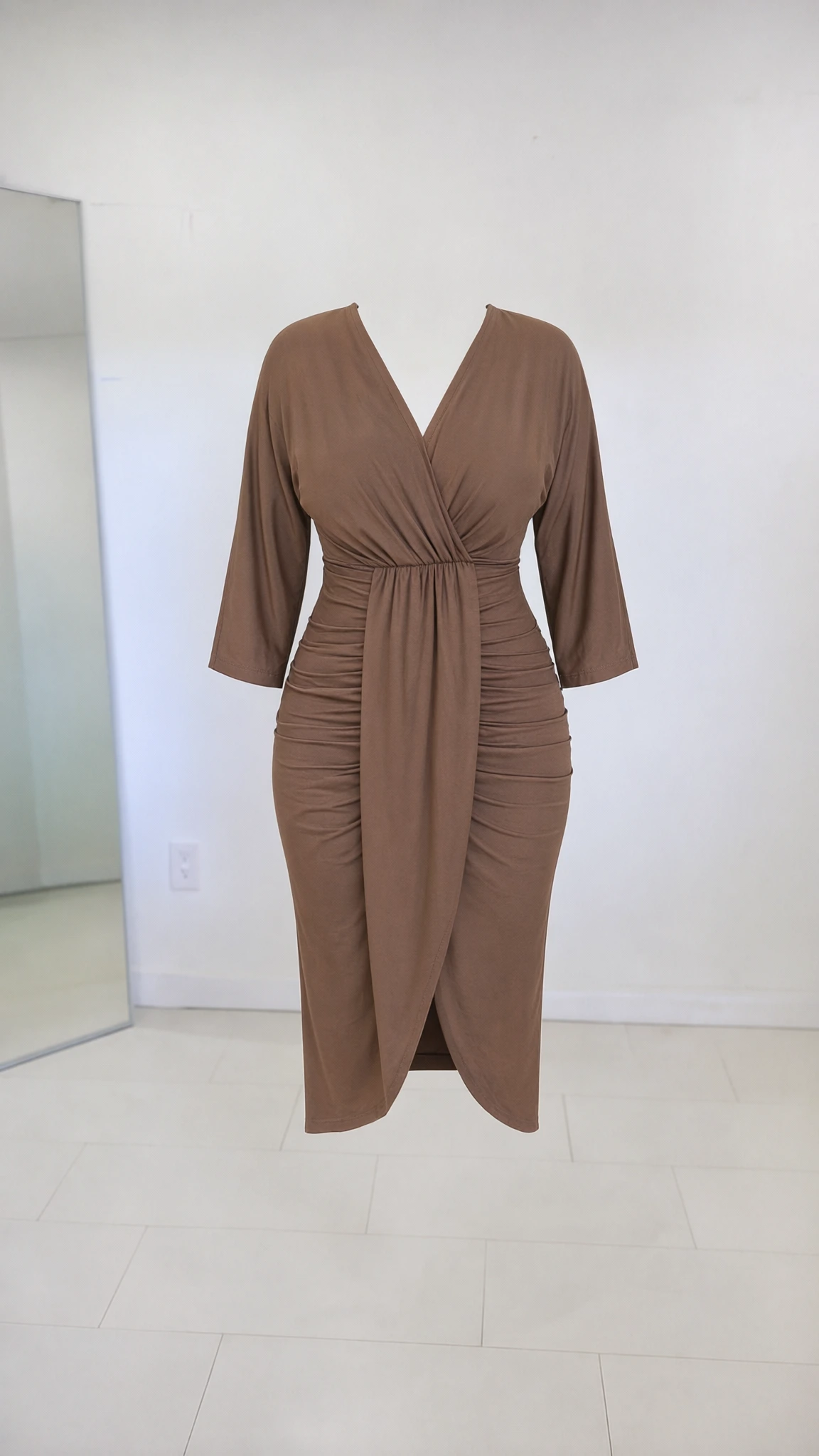 Ghost mannequin product shot of mocha brown V-neck ruched midi dress