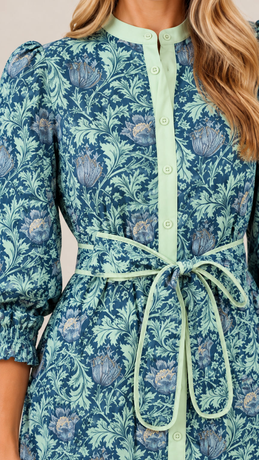 Close-up detail of teal blue dress showcasing contrast stand collar and button front placket with tie belt