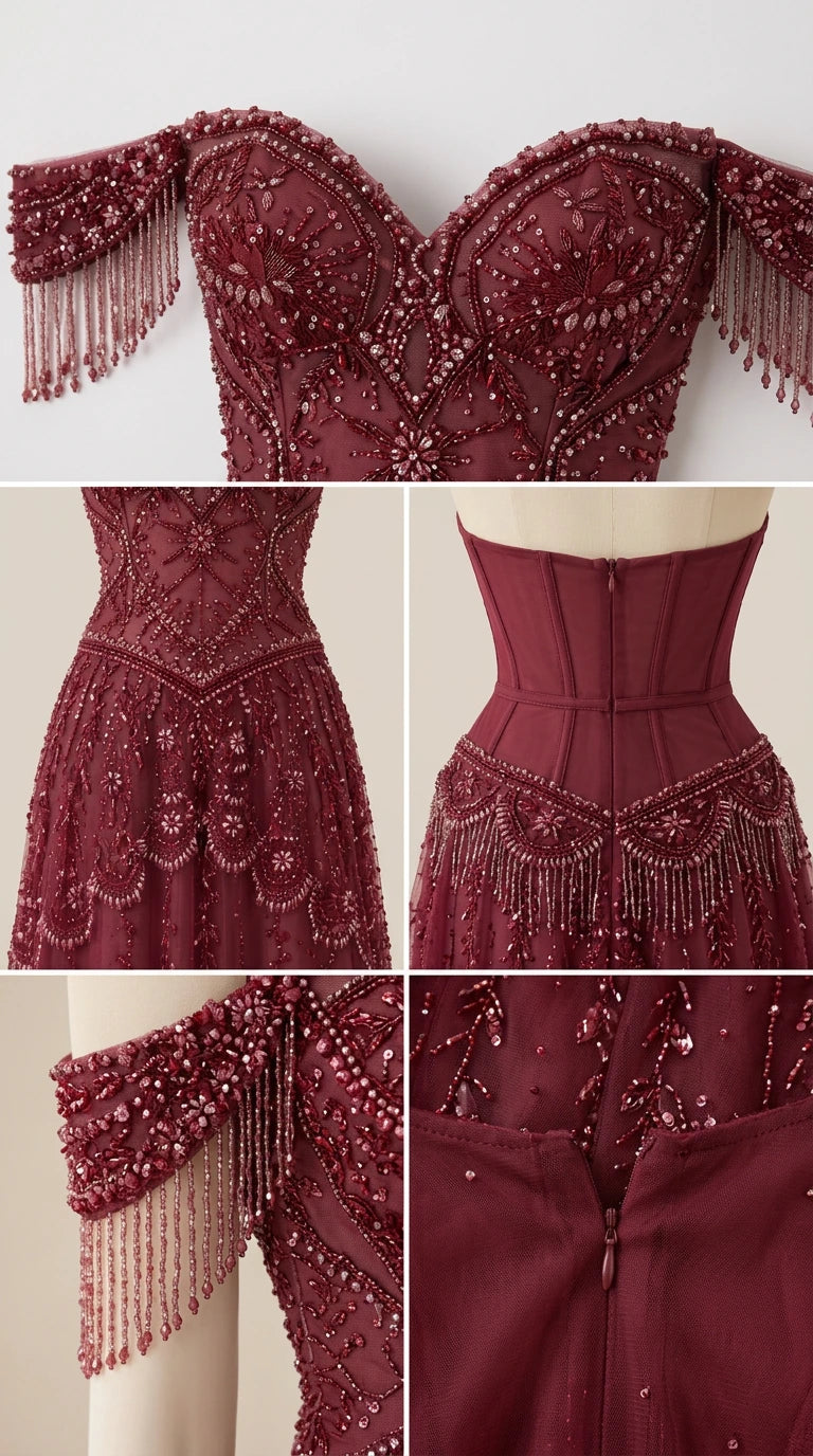 Detailed closeups of beaded neckline, fringe arm cuffs, corset boning, and back zipper closure