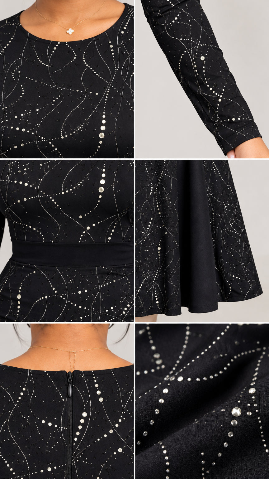Close-up details of neckline, sleeve cuff, waistband, back zipper, and rhinestones