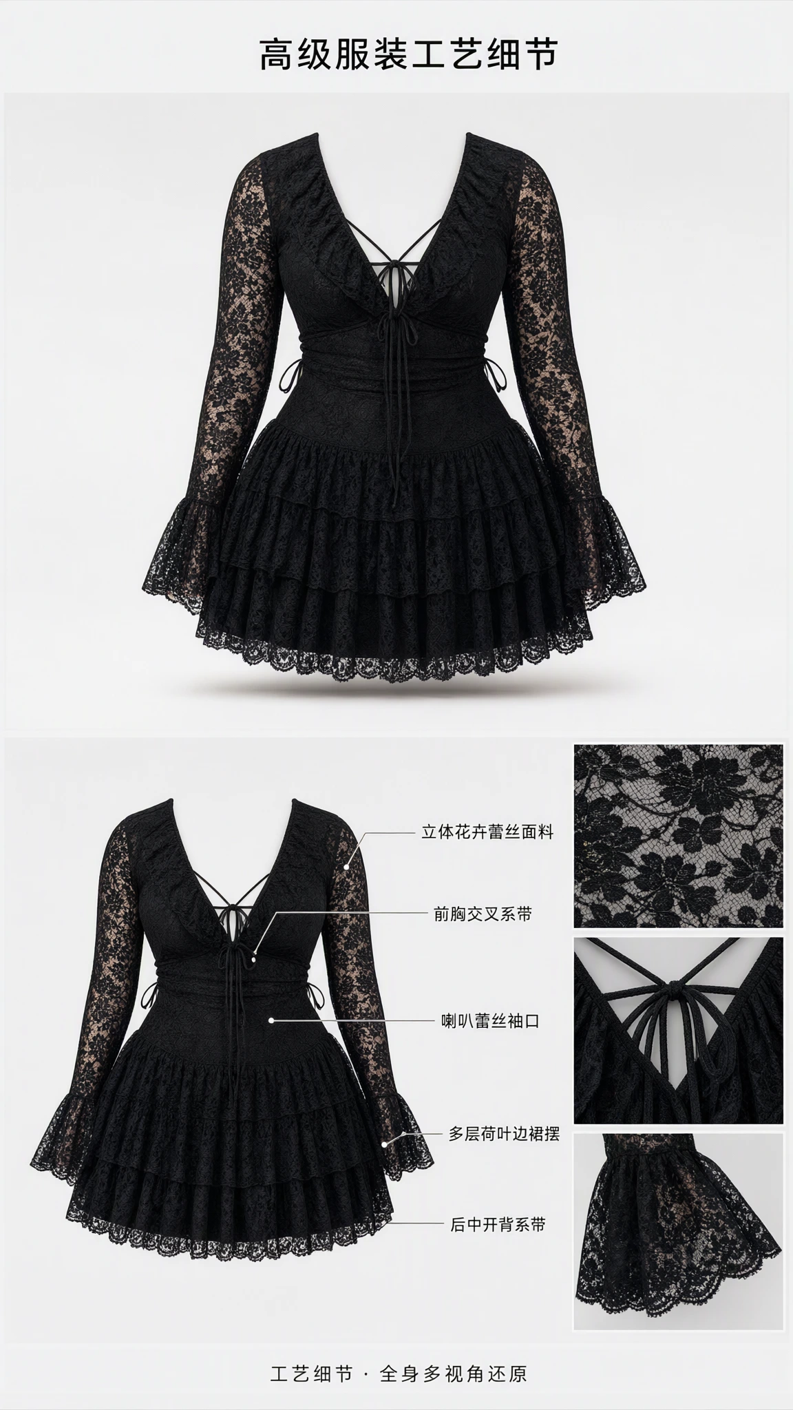 Flat lay garment views and craftsmanship detail callouts for black lace tiered mini dress