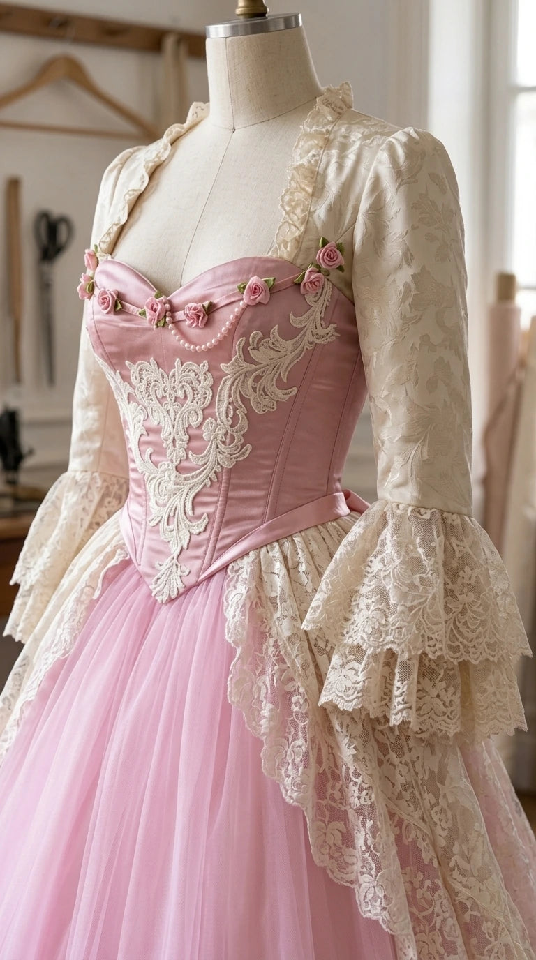 Close-up of dress bodice featuring lace embroidery applique, sweetheart neckline, and rosette details