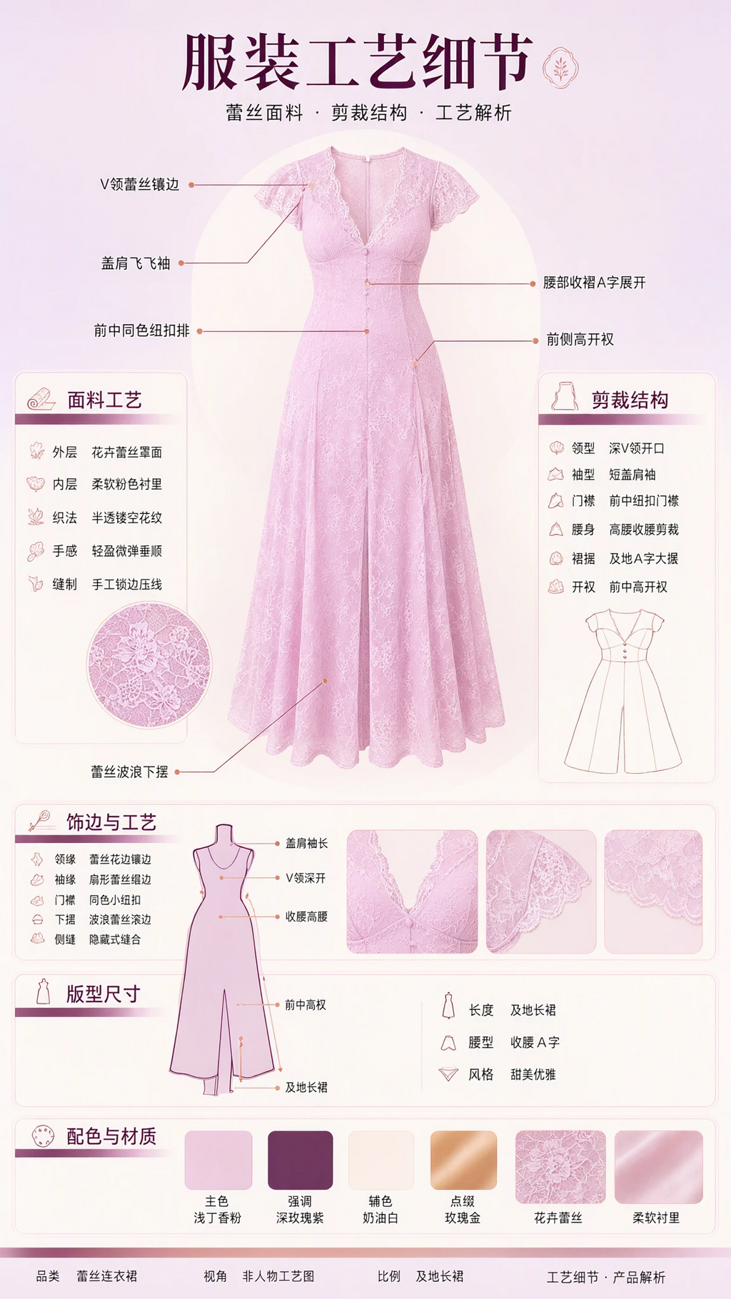 Garment design sheet and technical illustration detailing lace fabric construction and dress cuts