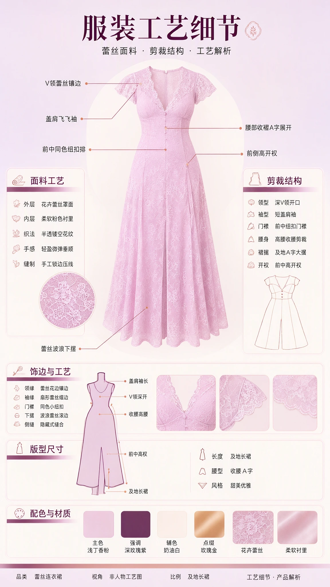 Garment design sheet and technical illustration detailing lace fabric construction and dress cuts