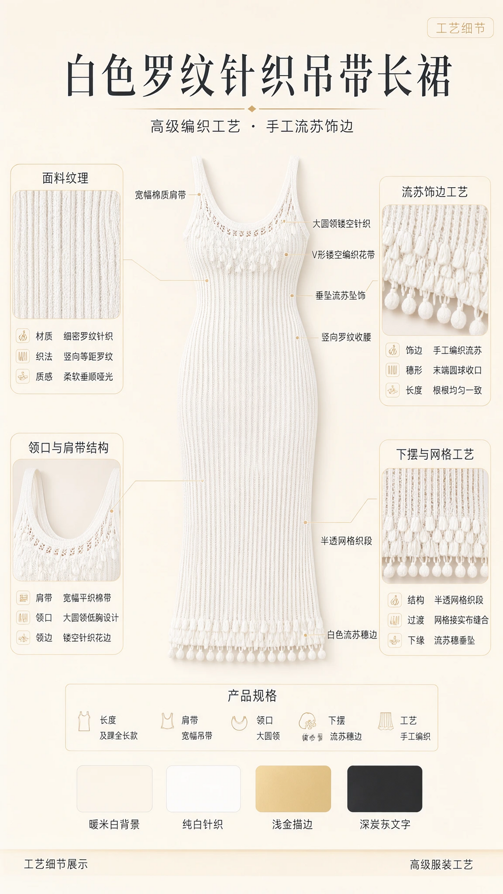 Product craftsmanship diagram detailing ribbed knit structure and fringe trim