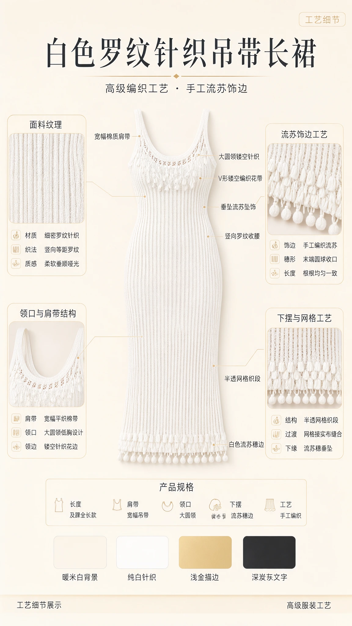 Product craftsmanship diagram detailing ribbed knit structure and fringe trim