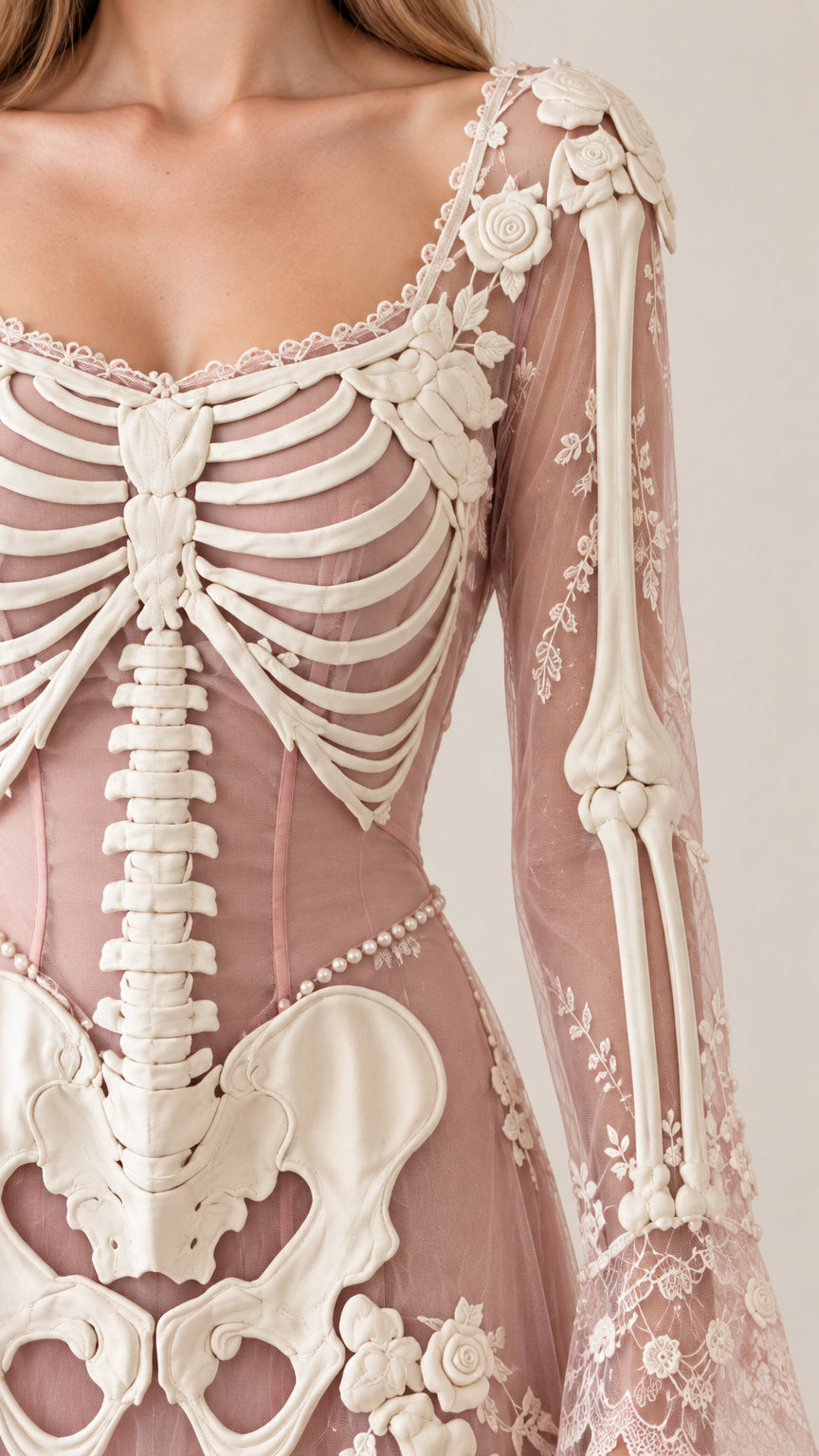 Close-up detail of bone appliqué bodice and floral lace overlay