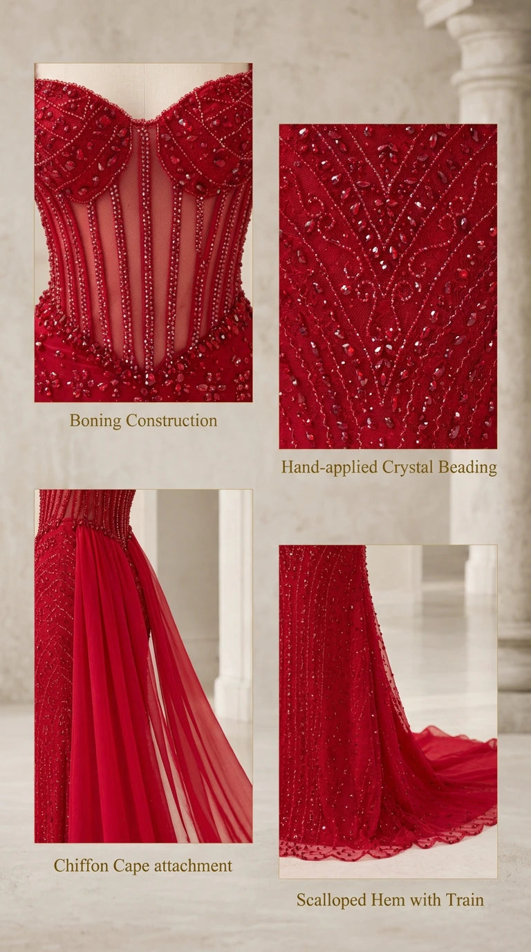 Close-up details of red dress showing boning construction, beading, cape attachment, and scalloped hem