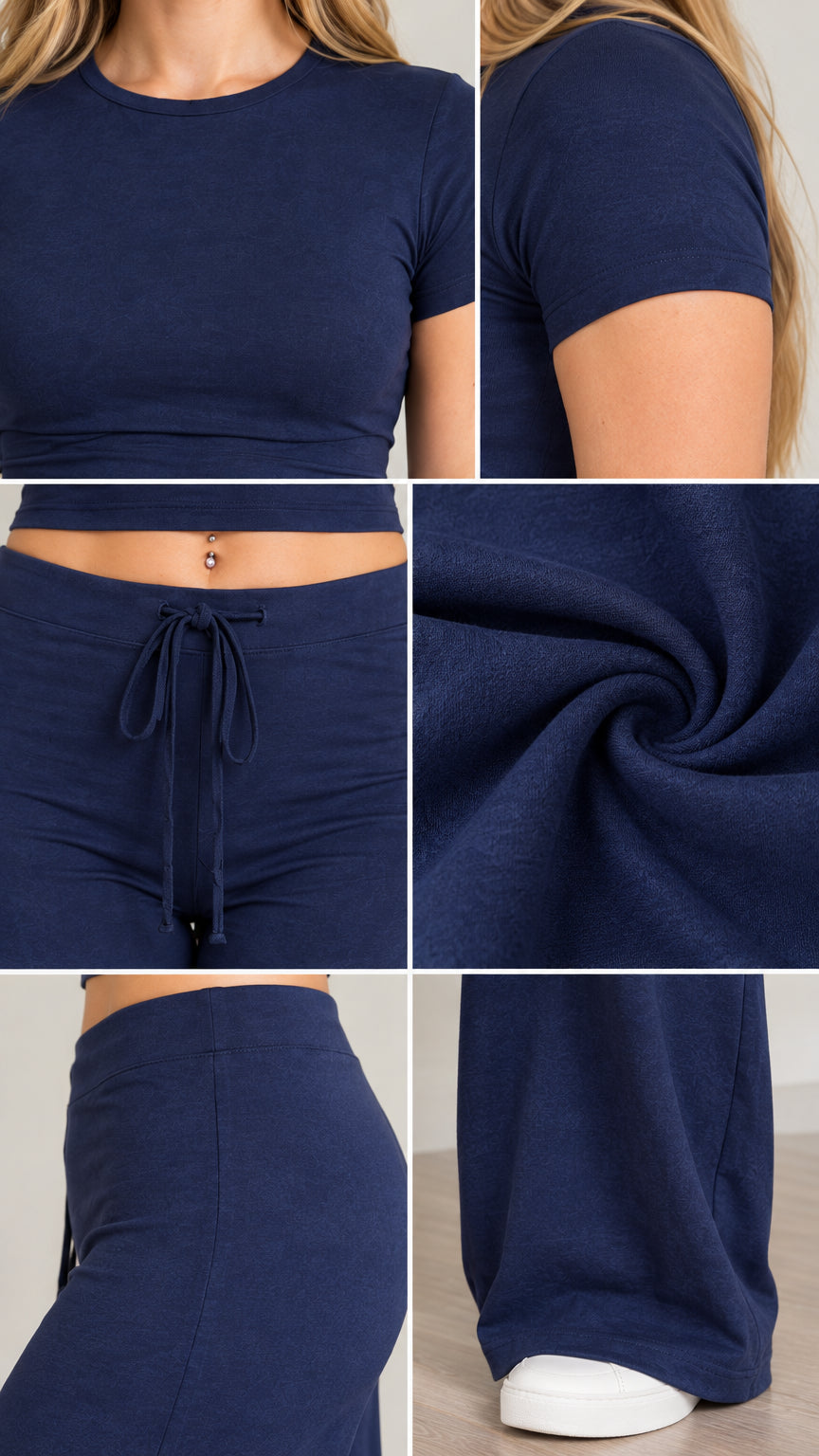 Detailed collage showing navy blue neckline, sleeve hem, drawstring waist, soft knit texture, and bottom pant hem