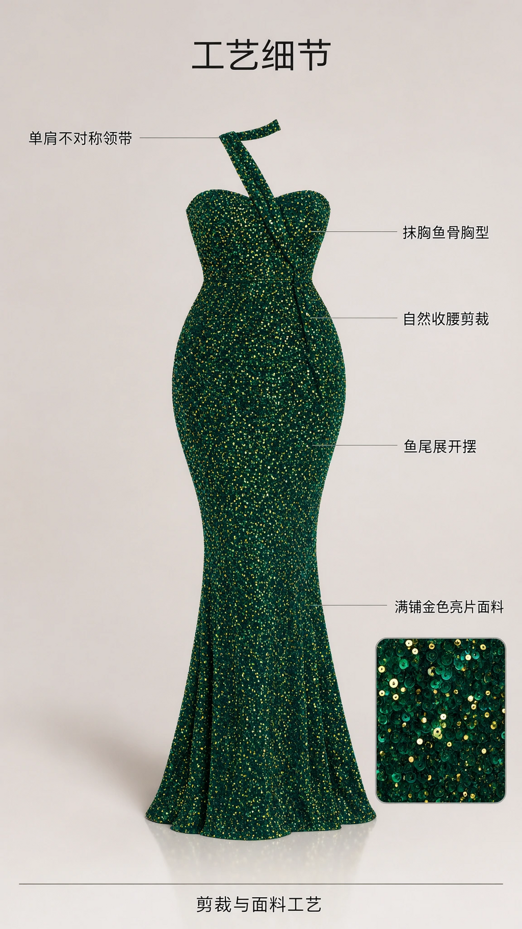 Product detail schematic and close-up of emerald green sequin fabric construction