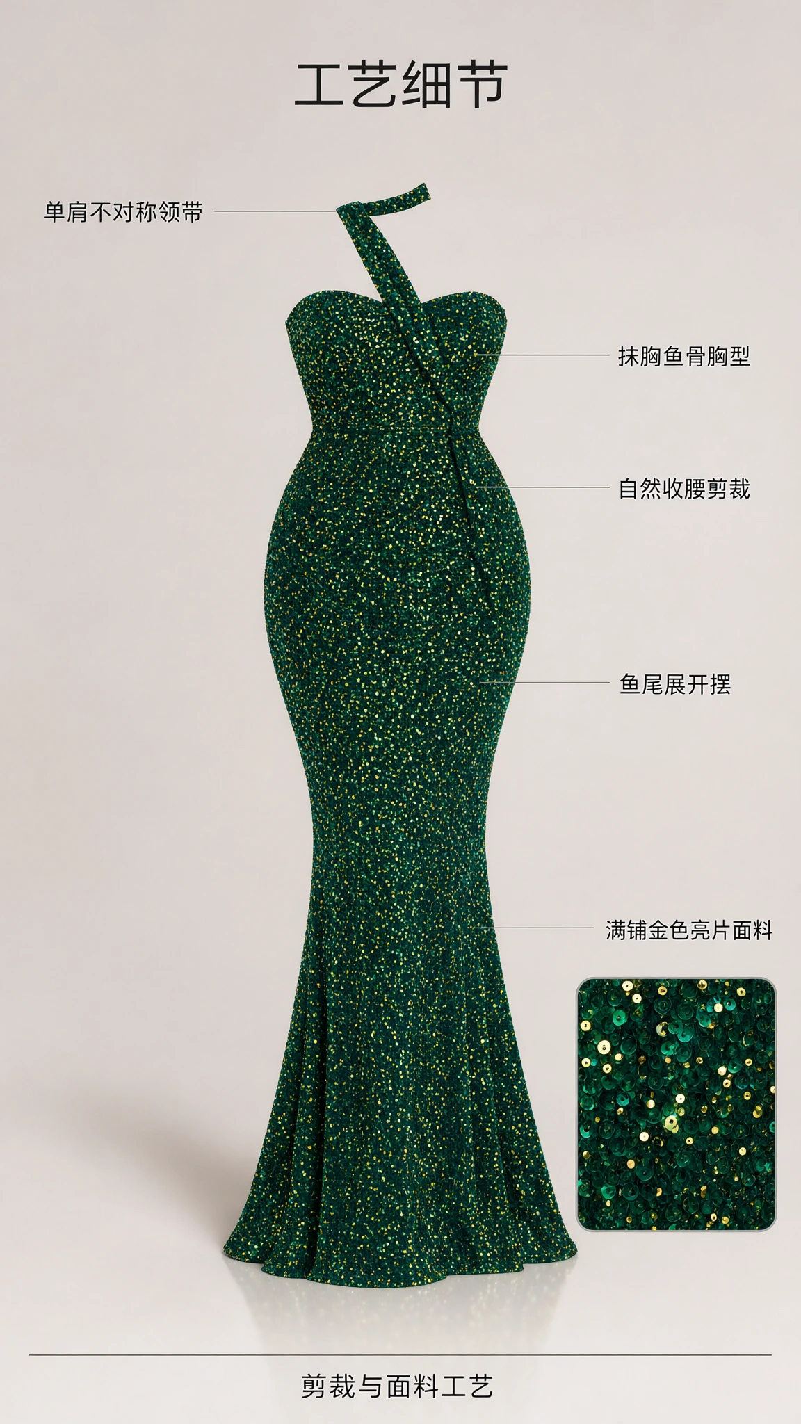 Product detail schematic and close-up of emerald green sequin fabric construction