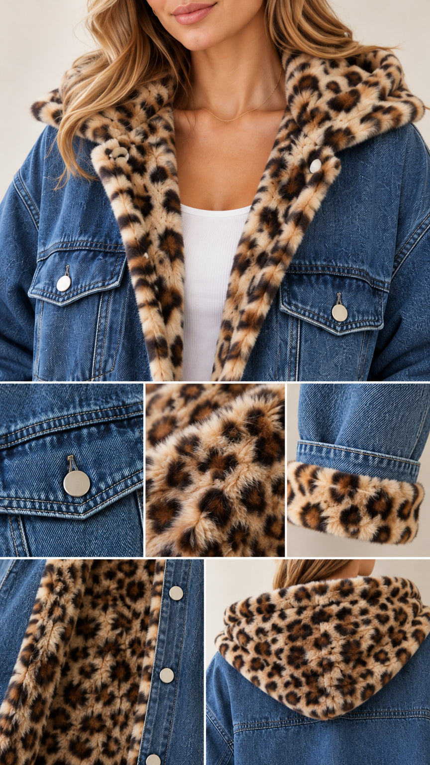 Close-up details of denim jacket showing metal buttons, flap pockets, and plush leopard lining