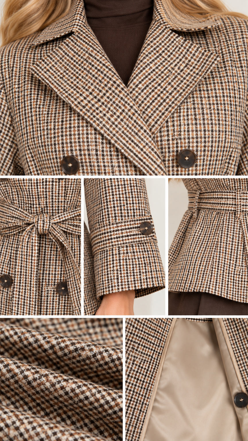 Close-up details of brown plaid jacket showing notch lapels, double-breasted buttons, waist belt, buttoned cuff tabs, woven fabric texture, and smooth lining