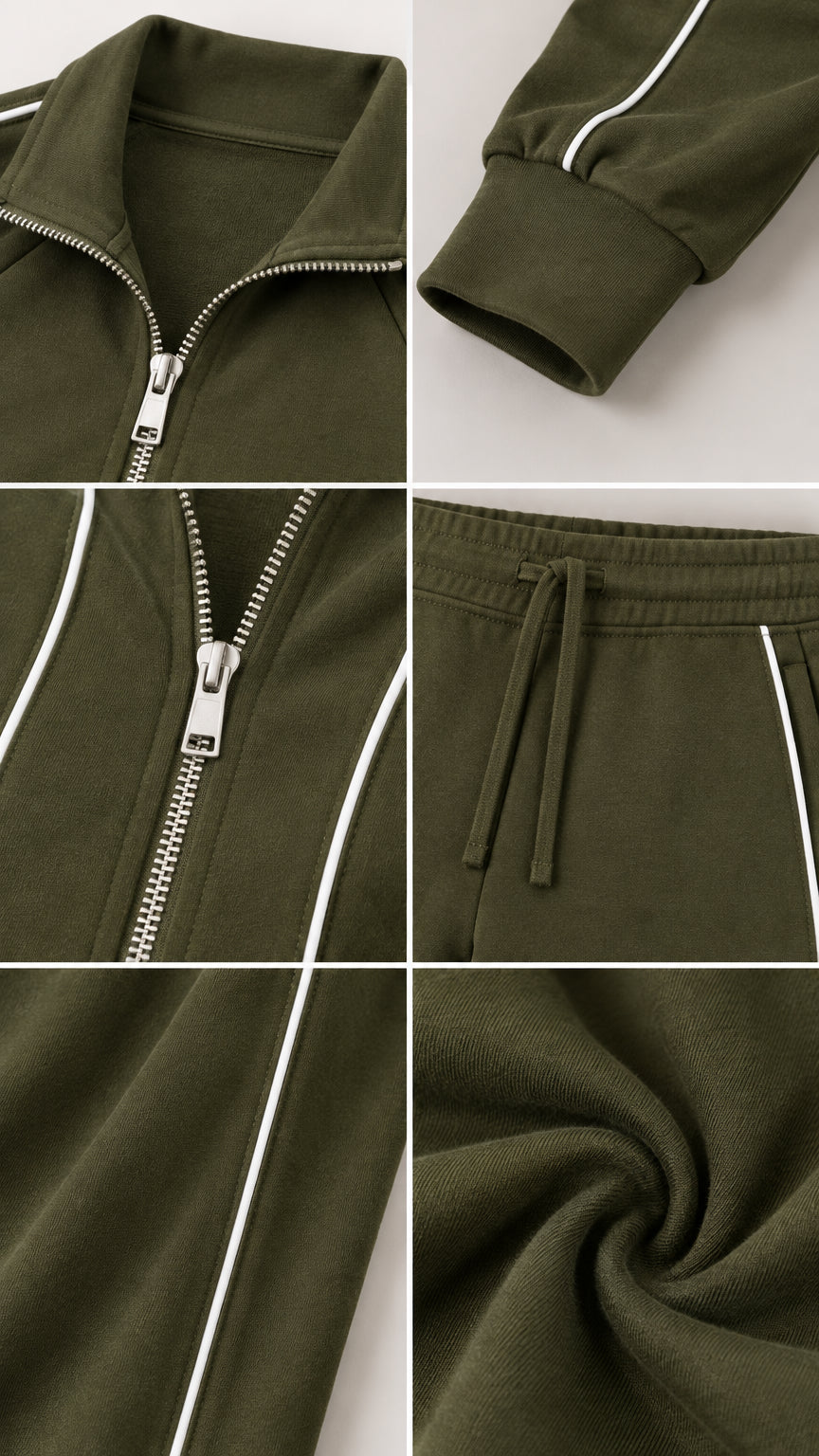 Detailed close-ups of olive green tracksuit jacket zipper, cuffs, drawstring waistband, and fabric texture