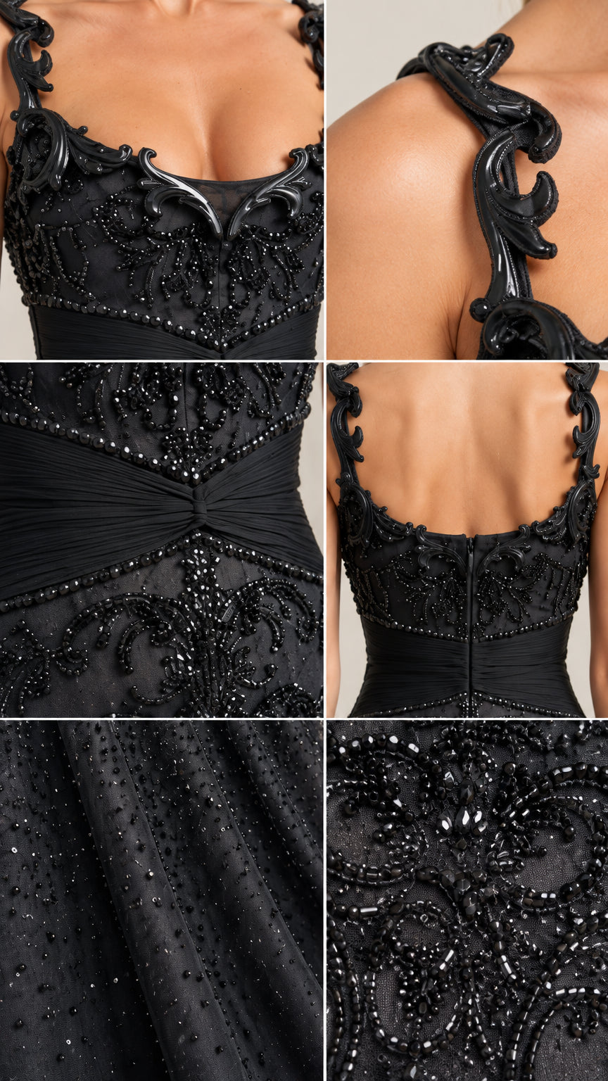 Close-up details of beadwork, ruched waist, and appliqué straps on black gown