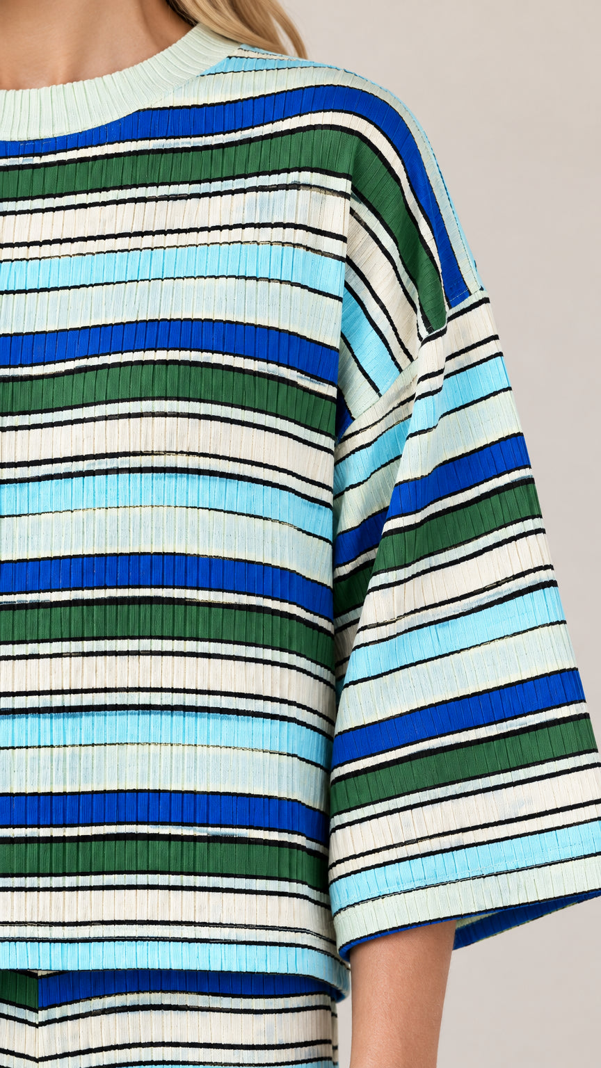 Close-up detail of textured ribbed knit fabric with multi-colored horizontal stripes