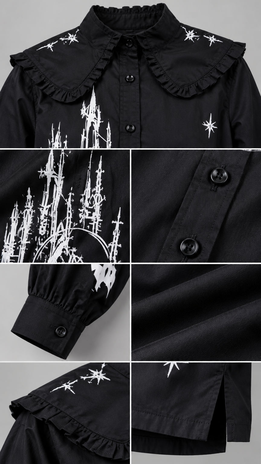 Close-up detail collage showing ruffled collar with star embroidery, cathedral castle print, button placket, cuffs, fabric texture, and side slit