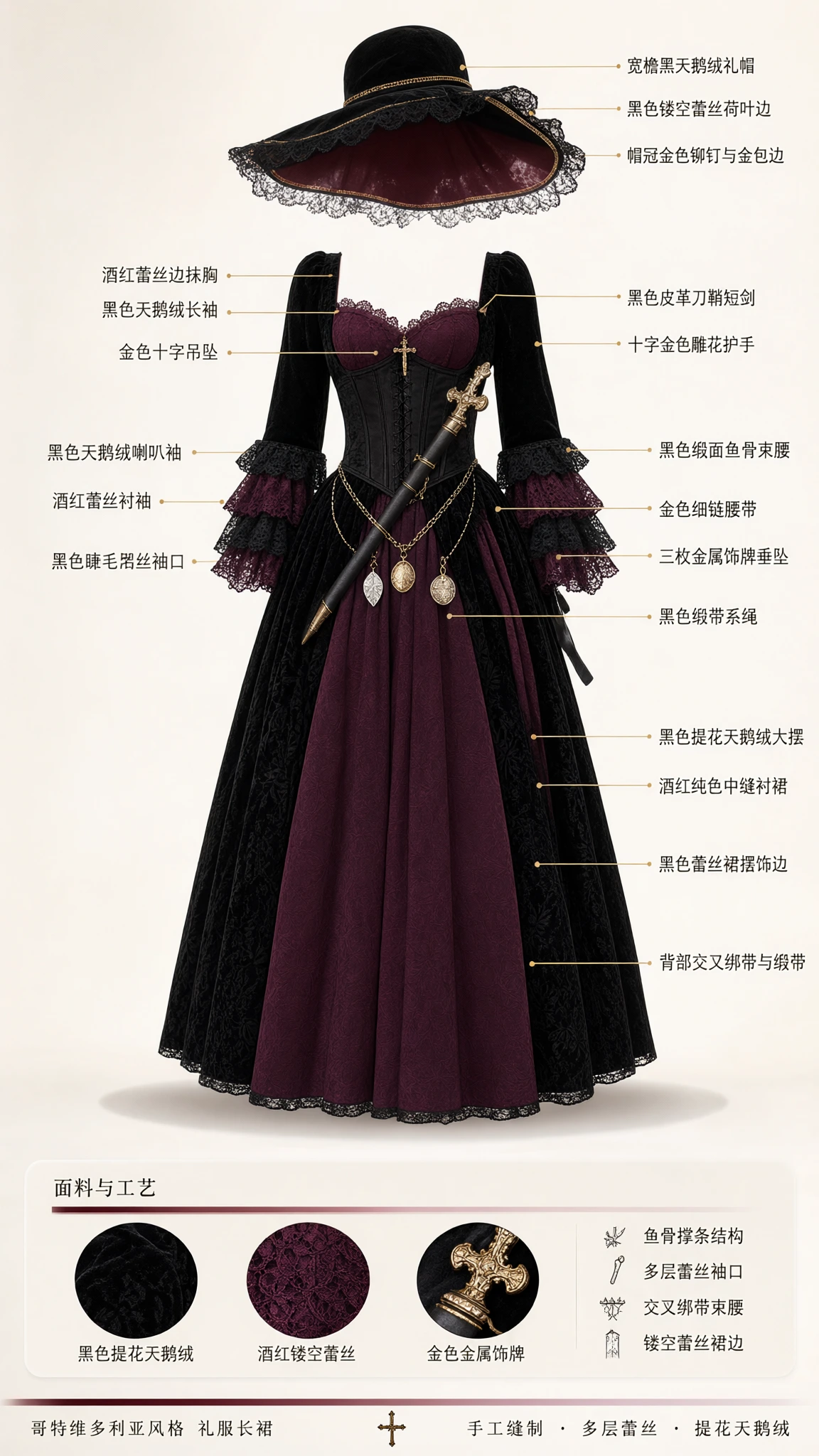 Detailed product breakdown of Gothic Victorian gown and hat showing fabric textures and corset structure