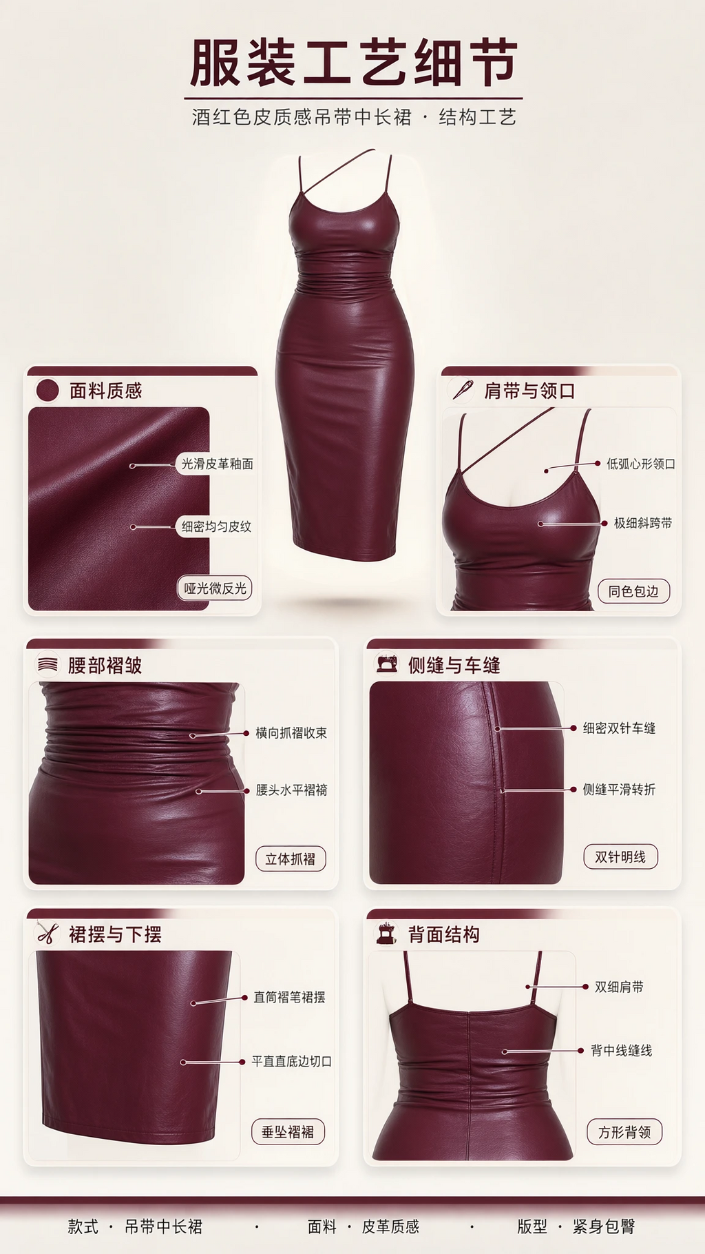 Craftsmanship and construction details diagram of the faux leather dress