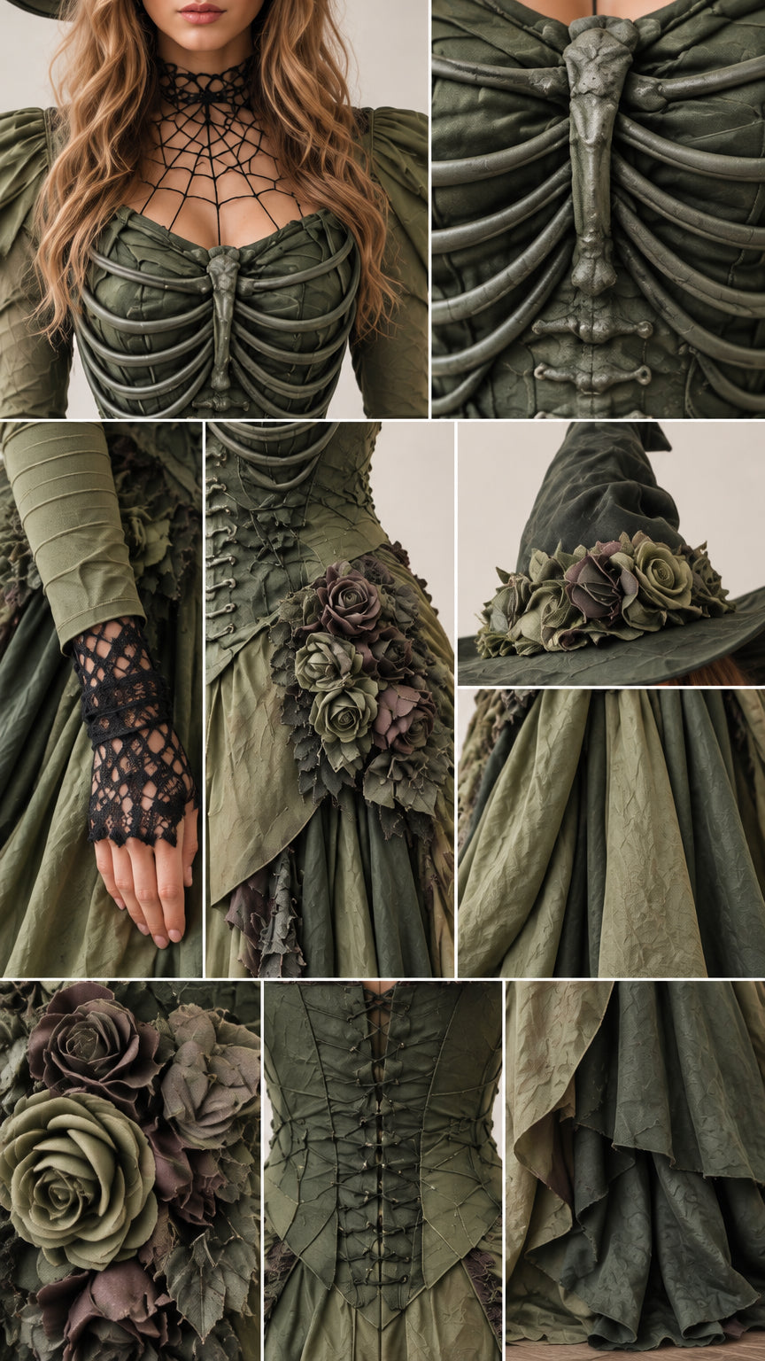 Close-up detail collage showing the sculpted ribcage bodice, spiderweb neckline, floral rosettes, and lace cuffs