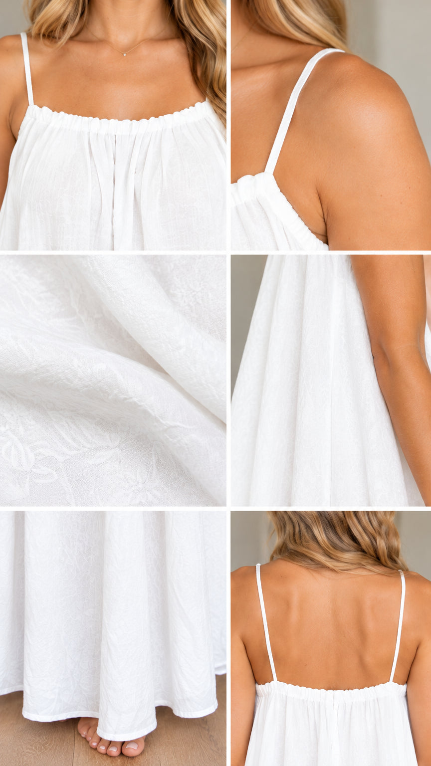 Close-up details of white maxi dress neckline, straps, and textured woven fabric