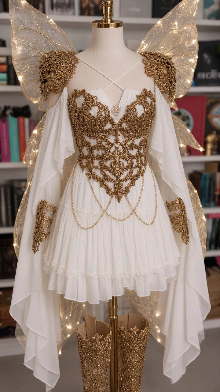 Close-up mannequin display of white fairy mini dress highlighting intricate gold filigree bodice