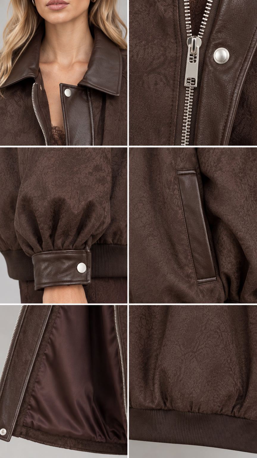 Close-up details of jacket collar, metal zipper, ribbed cuffs, side pockets, and inner lining