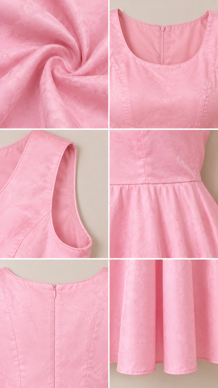Close-up details of pink maxi dress fabric texture, neckline, armhole, waist seam, and back zipper