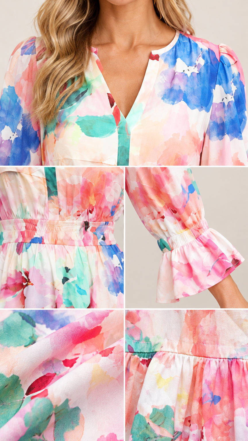 Close-up details of the split V-neckline, smocked elastic waist, and flounce cuff sleeves on floral dress